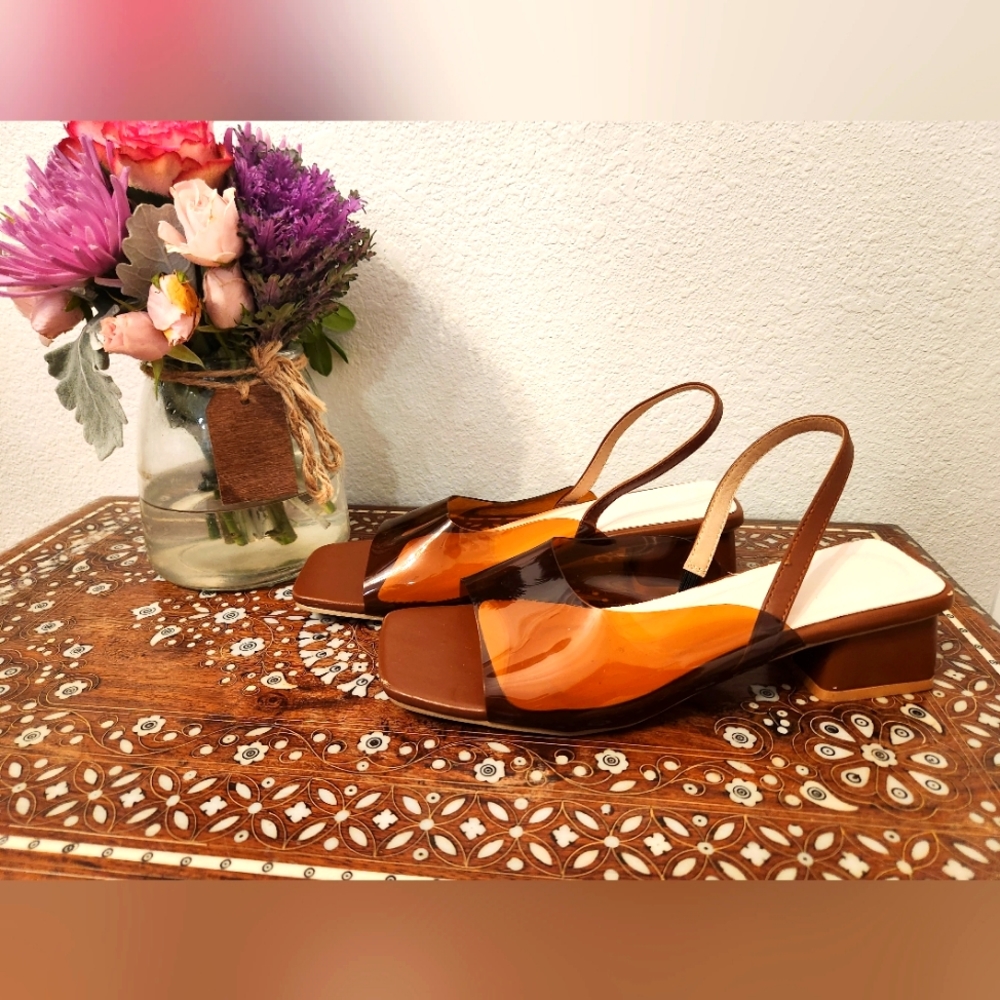 Clear Block Heel Sandals Size 38/ US 7.5 Tan